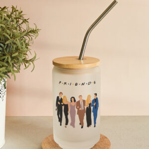 Personalised printed glass can tumbler with lid and straw