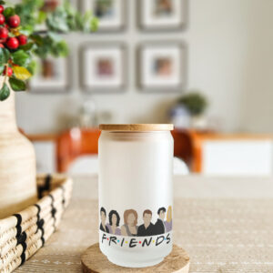 Personalised printed glass can tumbler with bamboo lid and steel straw