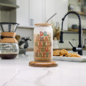 Printed personalised glass can tumbler with lid and straw