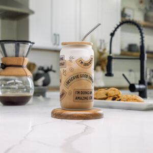 Personalised printed glass can tumbler with bamboo lid and steel straw