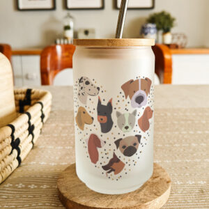 Personalised printed glass can tumbler with bamboo lid and steel straw