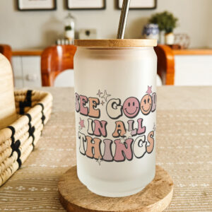 Personalised printed glass can tumbler with bamboo lid and steel straw