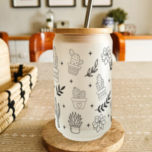 Personalised printed glass can tumbler with bamboo lid and steel straw