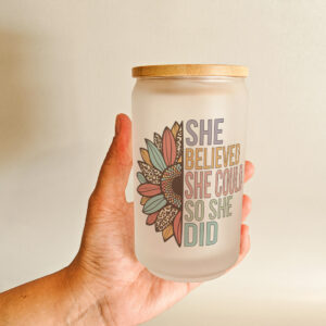 Personalised printed glass can tumbler with bamboo lid and steel straw