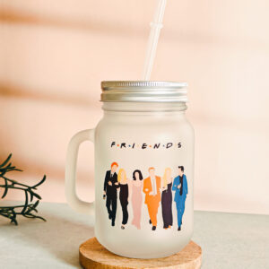 Friends theme printed glass jar sipper with straw and lid