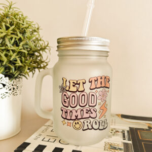 Personalised printed glass sipper with lid and straw